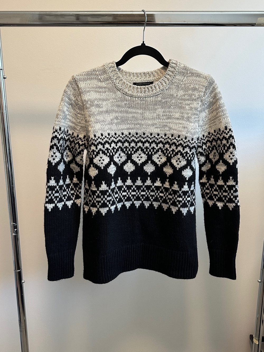 Banana Republic Fair Isle Wool Alpaca Sweater Black Grey Sz S | Italian Yarn